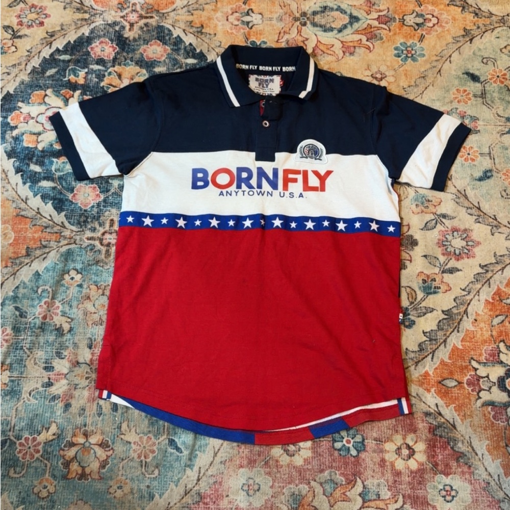 Born Fly Anytown USA Graphics Polo Shirt Mens Medium Cotton Blend Red White Blue